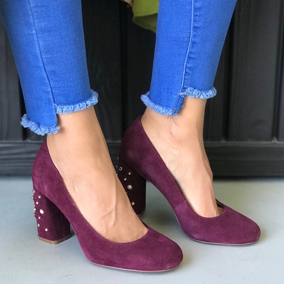 Pearl Drop Embellished Burgundy Block Heel Pumps - Picture 5 of 7